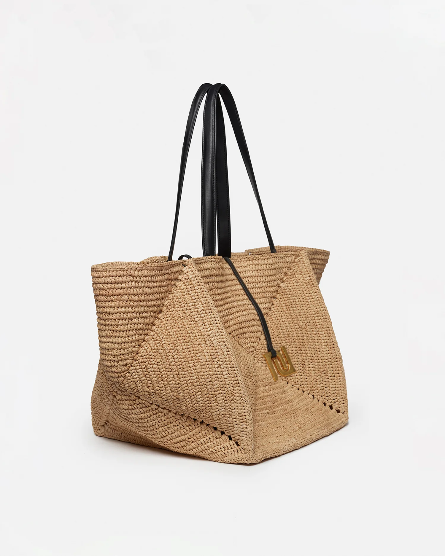 Origami Tote Large - Raffia charm tote - Natural/Black - Image 2