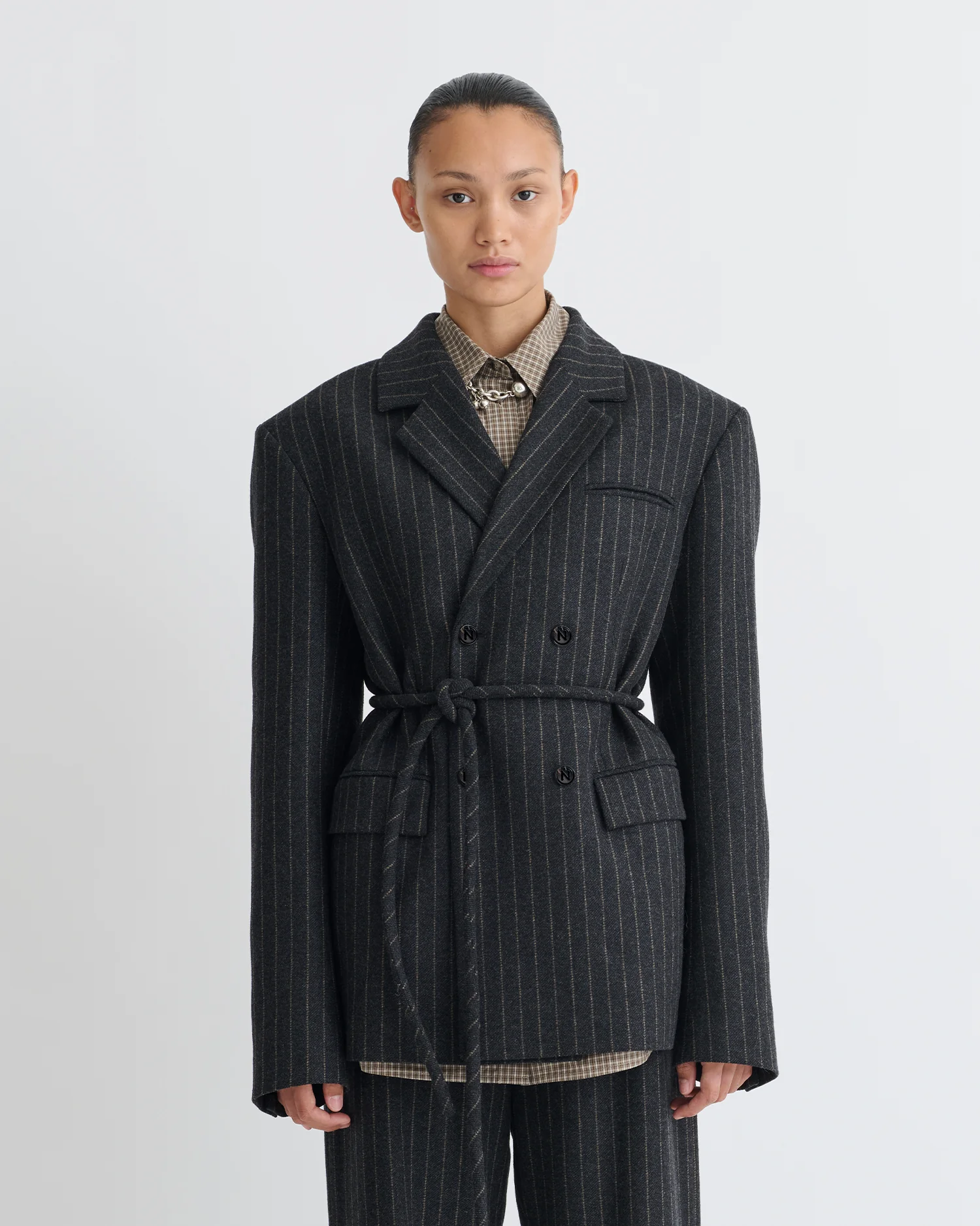 Osono - Pinstripe wool blazer - Black/Grey - Image 4