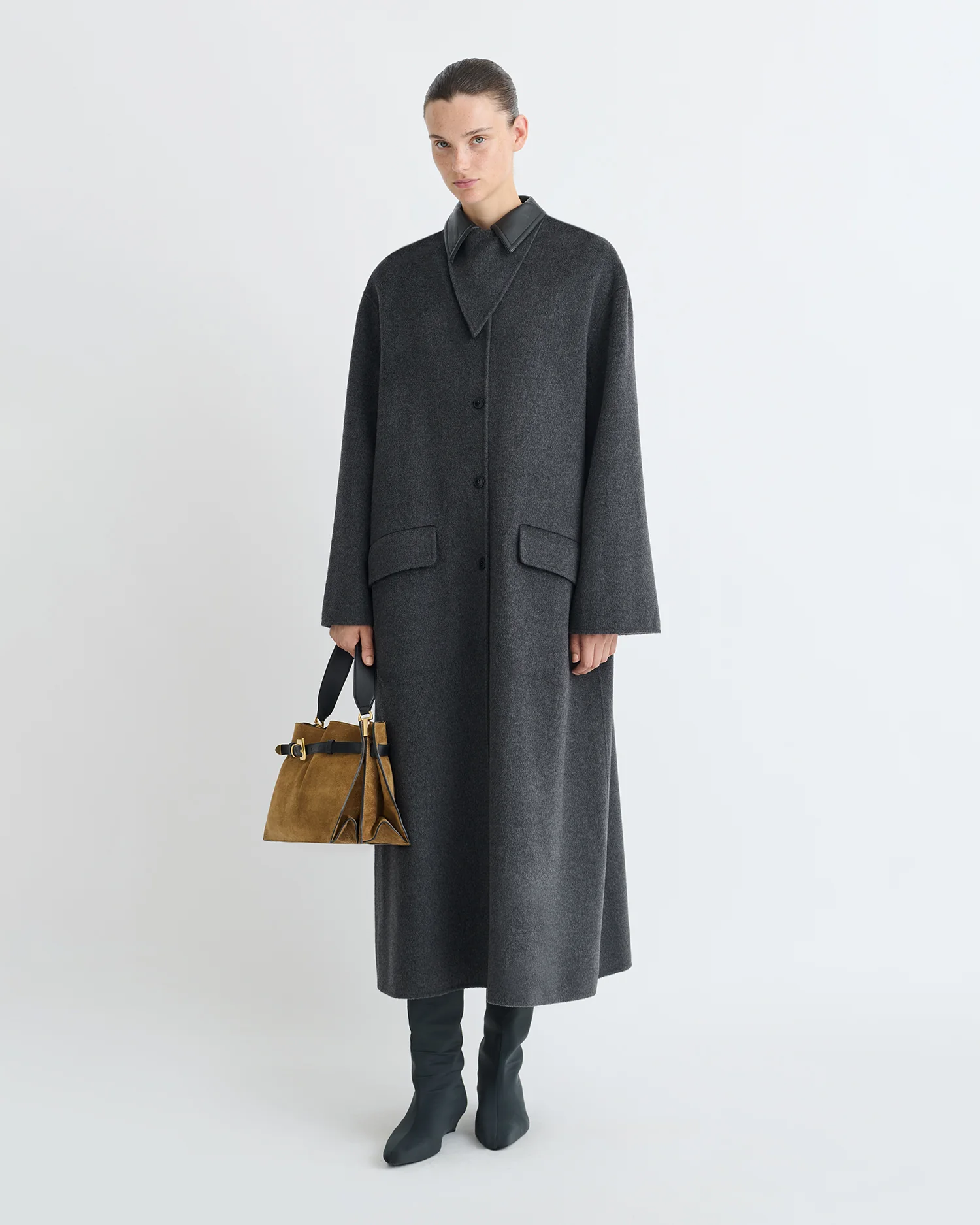 Rowina - Regenerated leather coat - Grey Melange/Black