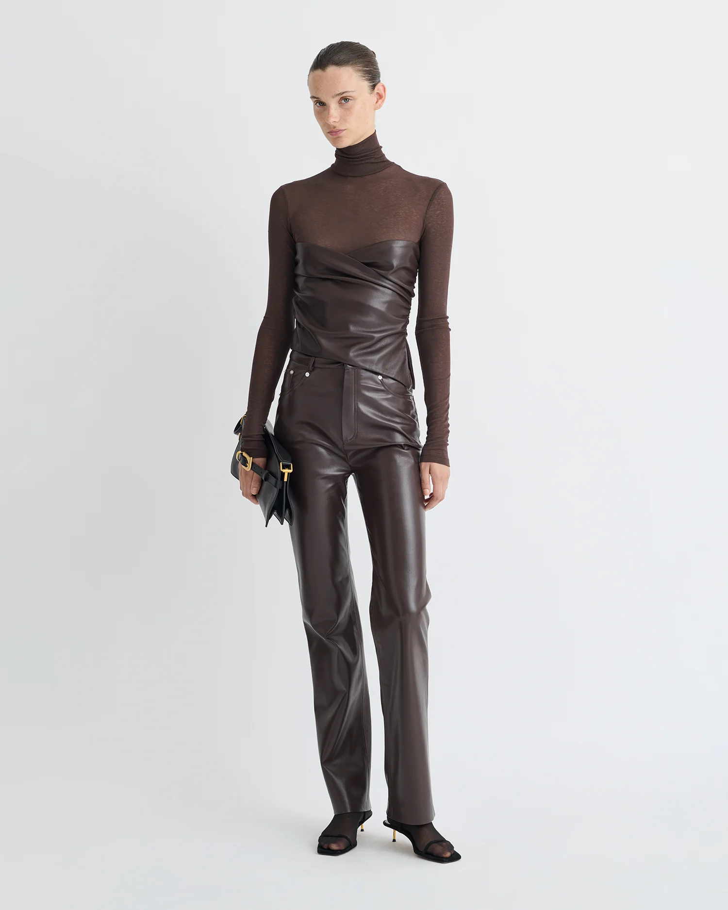 Kynlee - Mixed fabric turtleneck top - Dark Oak/Coffee Ground