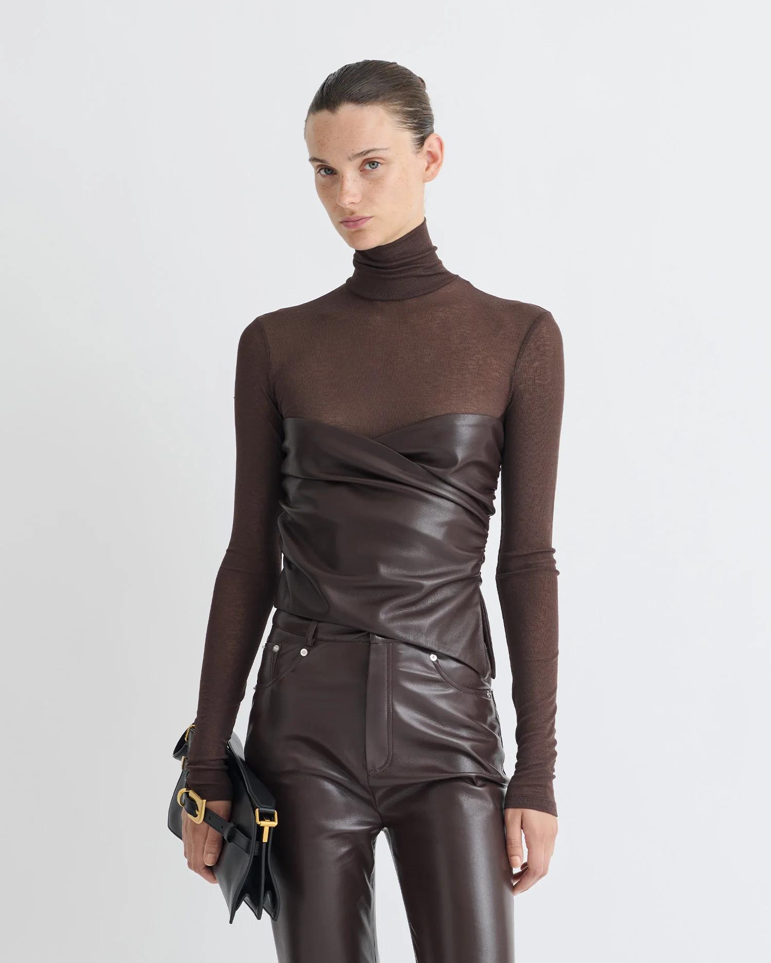 Kynlee - Mixed fabric turtleneck top - Dark Oak/Coffee Ground - Image 3